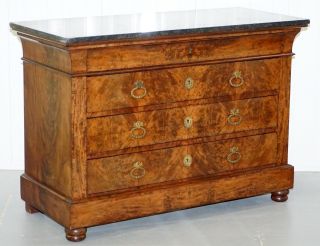 1850 French Louis Philippe Flamed Mahogany Chest Of Drawers Commode Marble Top