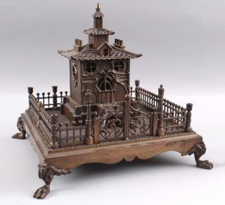 Rare Antique 19thc Cast Bronze Building Still Bank & Mechanical Music Box Nr