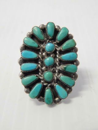 Large Cluster Ring : Vintage Navajo Indian Turquoise Sterling Silver Btfl Stamps