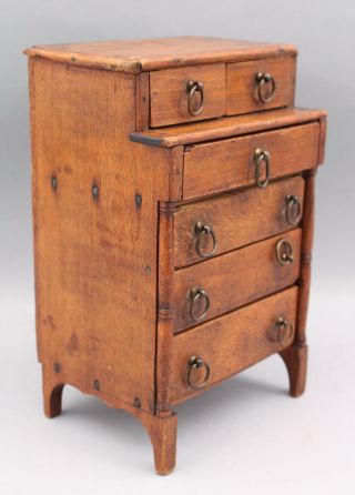Antique 19thc Handmade Folk Art Miniature Dolls Dresser Chest Of Drawers.  Nr