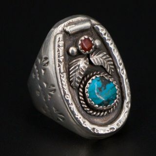 Vtg Sterling Silver - Navajo Turquoise Coral Stamped Ring Size 10.  75 - 26.  5g