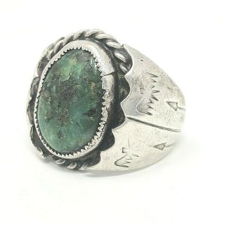 Vtg Turquoise Stamped Thunderbird Arrow Mans Ring Sz8.  5 Sterling Navajo 13.  2g