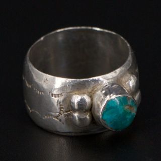 Vtg Sterling Silver Navajo Stamped Turquoise Stone Band Ring Size 6.  75 - 8g