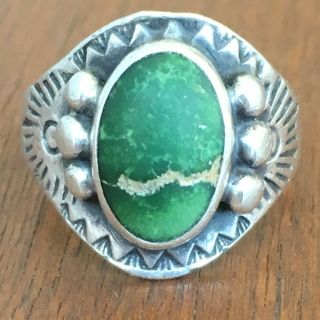 Vintage Sterling Silver And Green Turquoise Beaded & Stamped Ring Size 6