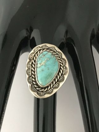 Vintage Hand Stamped Native American Navajo Turquoise & Sterling Silver Ring 925