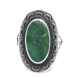 Vintage Green Turquoise Ring Sz 8.  5 Sterling Silver Hand Stamped Estate 4.  5g