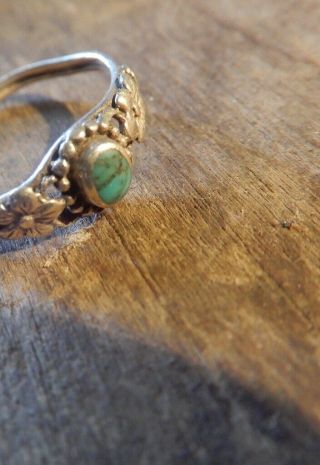 Estate Ring Turquoise Flowers Vintage Sterling Silver Stamp 925 - 2 Post
