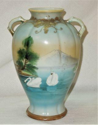 Vintage Nippon Vase Swans Swimming On Lake Bridge Tree Mountain Gold Accents 8 "
