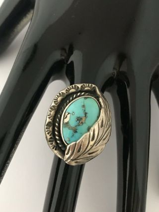 Large Vintage Handmade Turquoise & Sterling Silver Southwest Stamped Ring Navajo