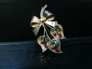 Vintage Coro Signed Gold Plate On Sterling Silver Rhinestone Floral Pin Brooch