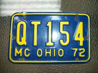 Vtg.  1972 " Ohio " Motorcycle License Plate/put It Right On Your Restored Bike