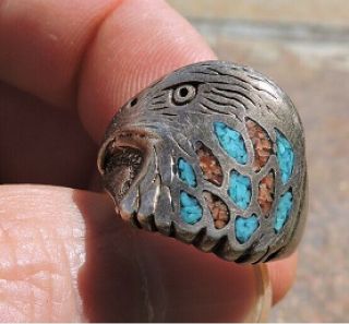 Eagle Head Vintage Stamped Sterling Silver Ring Turquoise Coral Inlay Size 7.  5