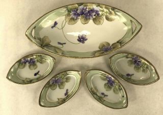 Vintage Japanese M Furuya Co Hand Painted Gilt Celery/relish W/ 4 Salt Cellars