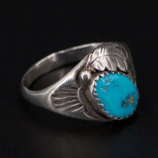 Vtg Sterling Silver - Navajo Stamped Turquoise Stone Feather Ring Size 9.  5 - 5g