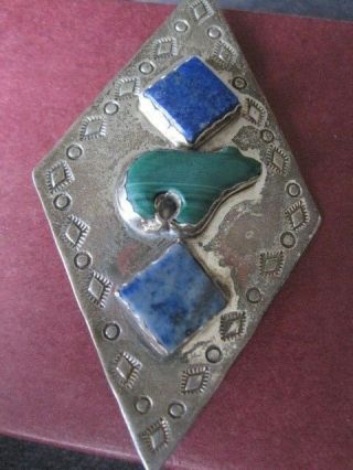 Vintage Wilbur Wauneka Sterling Lapis Turquoise,  Malachite Stamped Pendant/pin