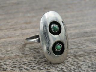 Vtg Old Pawn Navajo Sterling Green Turquoise Hand Stamped Shadowbox Ring Sz 5
