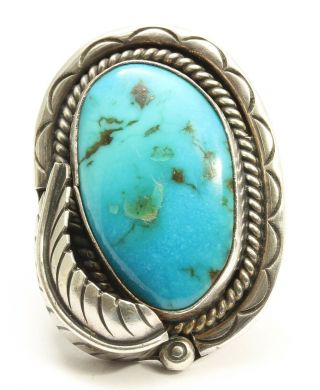 Vintage Navajo Sterling Silver Large Old Pawn Stamped Floral Turquoise Ring Sz5