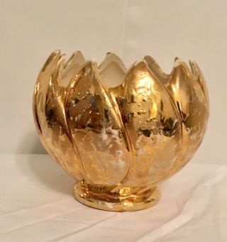Vintage Mid Century Modern Gold Lotus Bowl Vase - 22k Gold Atomic Candy Dish
