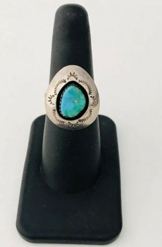 Vintage Navajo Turquoise Sterling Silver Teddy Goodluck Stamped Native Ring 925