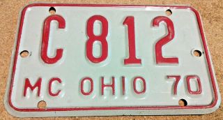 1970 Vintage Ohio Motorcycle Mc Red On White License Plate C812 Bent Diagonally