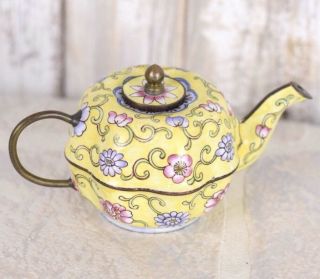 Vintage Miniature Teapot Yellow Multi Color Floral Porcelain Enamel Copper 1930s