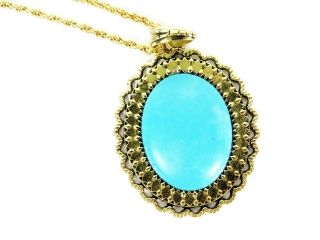 Vintage Barse Turquoise Colored Stone Pendant Gold Plated On Long Chain