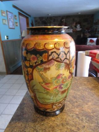 Vintage Hand Painted Birds On Flowers Leaves Gold Porcelain 12 " Vase - Deblot
