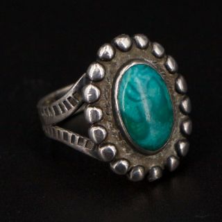 Vtg Sterling Silver - Navajo Turquoise Stamped Oval Ring Size 5.  5 - 5g