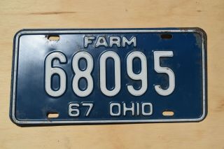 Vintage 1967 Ohio Farm License Plate; 68095; Embossed White On Blue