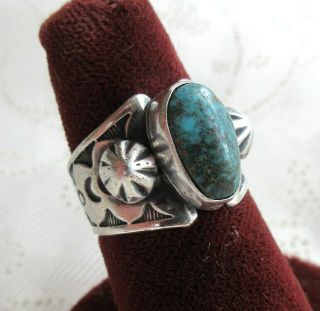 Old Vintage Navajo Sterling Silver Turquoise Ring Sz 5 Stamped Crescent Moon