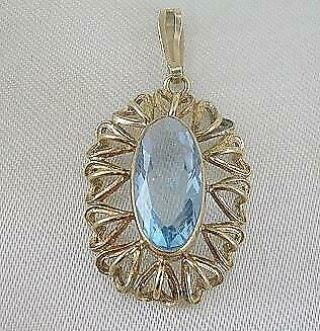 Vintage West Germany Gold Plated On Silver Pendant Aquamarine Stone Gold Hearts